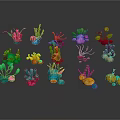 Colorful Cartoon Style Plants With Various Shapes And Vibrant Colors On Black Background
