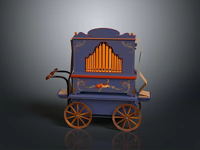 Vintage Blue Organ Cart Featuring Decorative Pipes And Wooden Wheels 3d model