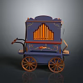 Vintage Blue Organ Cart Featuring Decorative Pipes And Wooden Wheels