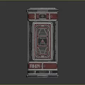 Red Storage Cabinet With Double Doors Black Trim And Decorative Details