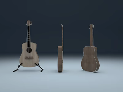 Wooden Acoustic Guitars Displayed In Different Angles With Stands And Natural Finish 3d model