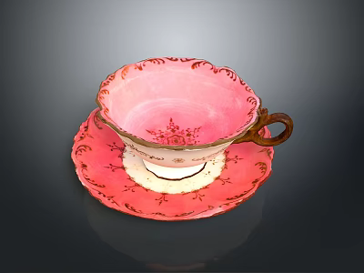 Elegant Pink Teacup and Saucer with Intricate Gold Decorative Patterns 3d model