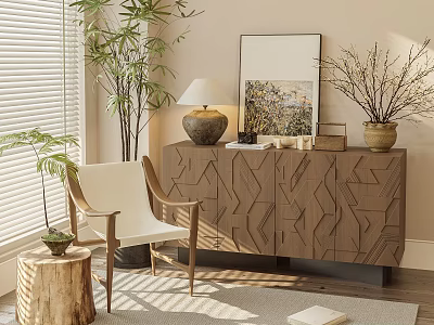 Modern Leisure Chair With Wooden Frame In Indoor Living Room With Plants Cabinet And Lamp 3d model