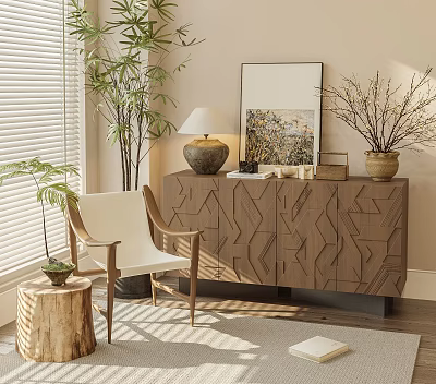 Modern Leisure Chair With Wooden Frame In Indoor Living Room With Plants Cabinet And Lamp 3d model