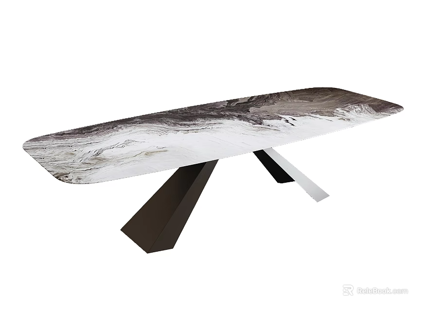 Modern Design Dining Table Featuring Abstract Black White Pattern And Geometric Black Metal Legs 3d model 