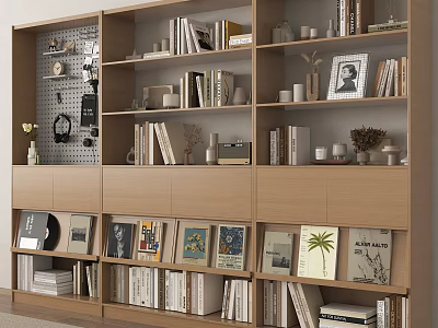 Modern Wooden Bookshelf With Multiple Shelves Books Art Prints And Decorations 3d model