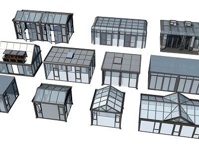 Various Glass House Designs With Different Structural Styles And Roof Types 3d model