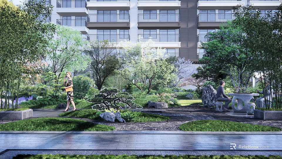 Tranquil Garden Landscape With Lush Trees Stone Decorations Pedestrian Walkways And People Relaxing 3d model 