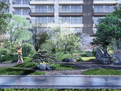 Tranquil Garden Landscape With Lush Trees Stone Decorations Pedestrian Walkways And People Relaxing 3d model