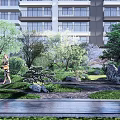 Tranquil Garden Landscape With Lush Trees Stone Decorations Pedestrian Walkways And People Relaxing