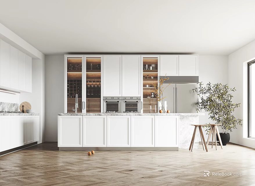 Modern Kitchen Interior With White Cabinets Glass Door Storage Marble Island And Herringbone Wood Flooring 3d model 