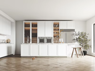 Modern Kitchen Interior With White Cabinets Glass Door Storage Marble Island And Herringbone Wood Flooring 3d model