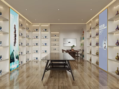 Modern Specialty Store Interior Featuring Shelves With Display Items Central Long Table And Wooden Floor 3d model