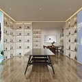 Modern Specialty Store Interior Featuring Shelves With Display Items Central Long Table And Wooden Floor