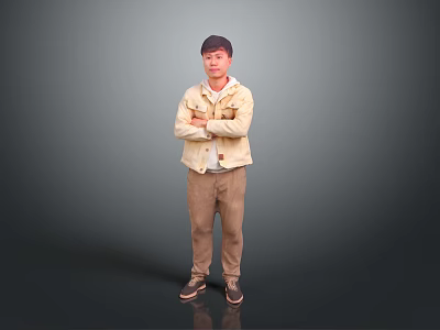 A Man Standing With Crossed Arms Wearing Beige Jacket White T-Shirt And Brown Pants 3d model