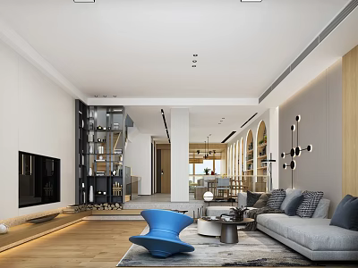 Modern Living Room Interior With Gray Sofa Blue Chair TV Wooden Flooring And Bookshelves 3d model