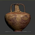 Ancient Terracotta Amphora With Double Snake Handles Red Decorative Patterns On White Circular Base 3d model