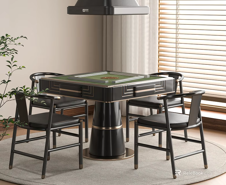 Modern Mahjong Entertainment Table With Green Surface Black Chairs Metal Base And Wooden Blinds 3d model 