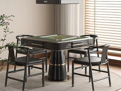 Modern Mahjong Entertainment Table With Green Surface Black Chairs Metal Base And Wooden Blinds 3d model