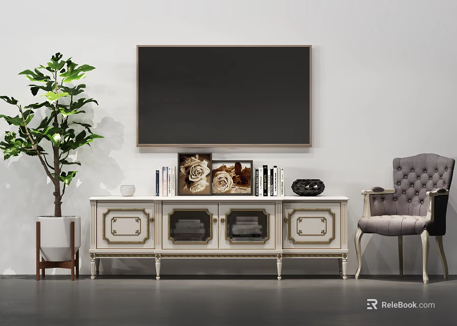 Elegant TV Stand With Wall Mounted TV Decorative Frames Books And Green Plant Accent Chair 3d model 
