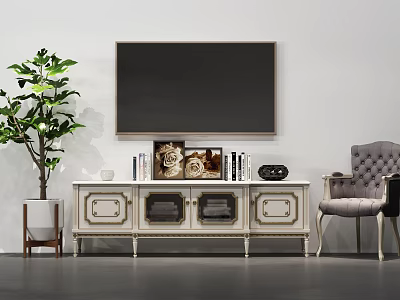 Elegant TV Stand With Wall Mounted TV Decorative Frames Books And Green Plant Accent Chair 3d model