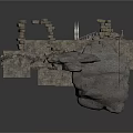 Ancient Stone Ruin Scene With Curved Stairs Stone Walls Water Stream And Small Plants