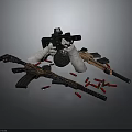 Tactical Weapons With Black Gun White Gloves Rifles And Scattered Red Yellow Bullets