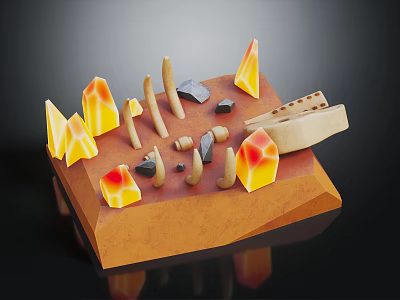 Rocky Terrain Model Displaying Orange Peaks Yellow Layers Black Stones And Wooden Boat 3d model