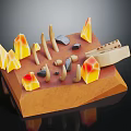Rocky Terrain Model Displaying Orange Peaks Yellow Layers Black Stones And Wooden Boat