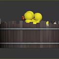 Cute Rubber Ducks Swimming in Wooden Tub with Green Water and White Flowers