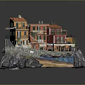 Cartoon Scene of Colorful Houses on Rock with Small Bridge and Boats in Water