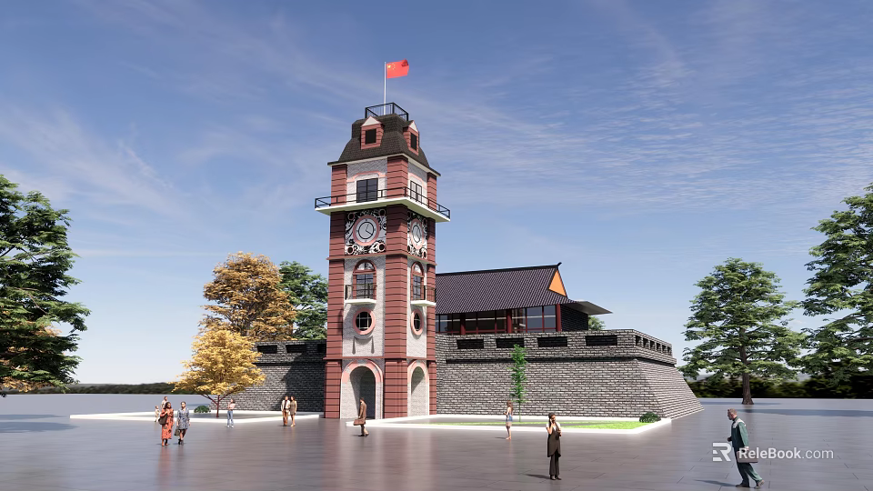 Historic Clock Tower with Red Flag in Plaza Near Traditional Building and Trees 3d model 