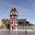 Historic Clock Tower with Red Flag in Plaza Near Traditional Building and Trees