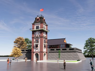 Historic Clock Tower with Red Flag in Plaza Near Traditional Building and Trees 3d model