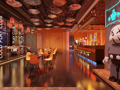 Modern Bar Interior With Colorful Umbrella Lights Orange Seats And Neon Decorations 3d model