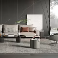 Elegant Modern Living Room Interior With Beige Sofa Pillows Coffee Table Grey Rug And Bookshelf
