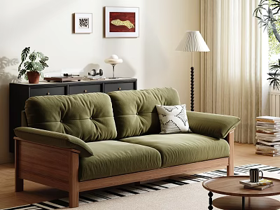 Stylish Olive Green Fabric Three Seater Sofa With Solid Wood Frame For Cozy Living Room 3d model
