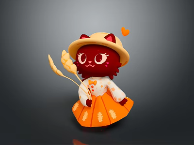 Red Cat Wearing Yellow Hat With Heart In Orange Leaf Dress Holding Wheat Ears 3d model