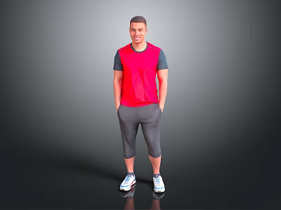 Man Wearing Red Vest Grey Capri Pants White Sneakers with Hands in Pockets 3d model