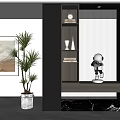 Modern Entryway Hallway Design With Black Shelves Green Plant Marble Floor And Astronaut Figurine
