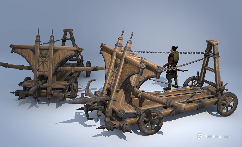 Ancient Medieval Siege Weapons Wooden Construction with Wheels and a Person Standing Beside 3d model 