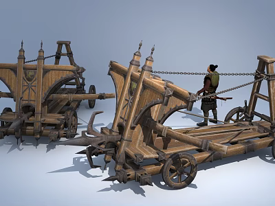 Ancient Medieval Siege Weapons Wooden Construction with Wheels and a Person Standing Beside 3d model