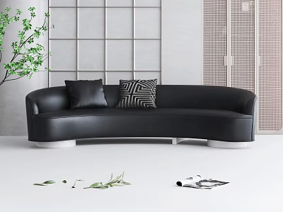 Black Curved Sofa with Solid and Geometric Pillows Against Grid Wall and Green Plant 3d model
