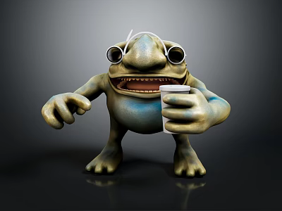 Cartoon Style Monster Sculpture Carving With Blue Green Color Large Eyes Long Nose Holding Cup 3d model