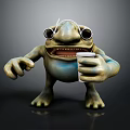 Cartoon Style Monster Sculpture Carving With Blue Green Color Large Eyes Long Nose Holding Cup