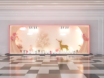 Charming Shop Window Display With Pink Curtains Deer Ornament Flower Arrangements And Warm Lighting 3d model