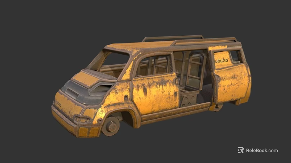 Rusty Yellow Van With Open Doors And Worn Exterior Design Features 3d model 