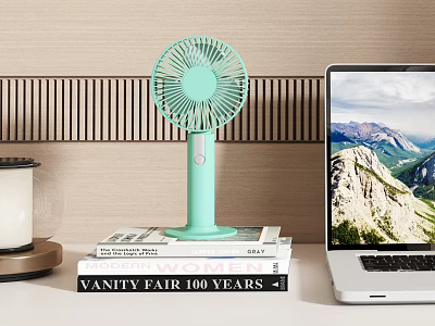 Light Green Portable Air Conditioner Fan On Books 3d model