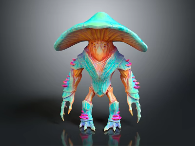 Colorful Mushroom Shaped Fantasy Creature With Vibrant Green Blue Pink Limbs And Glowing Details 3d model