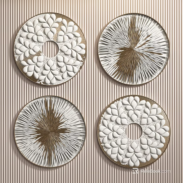 White Gold Circular Wall Decor with Petal Design and Radiant Patterns on Striped Background 3d model